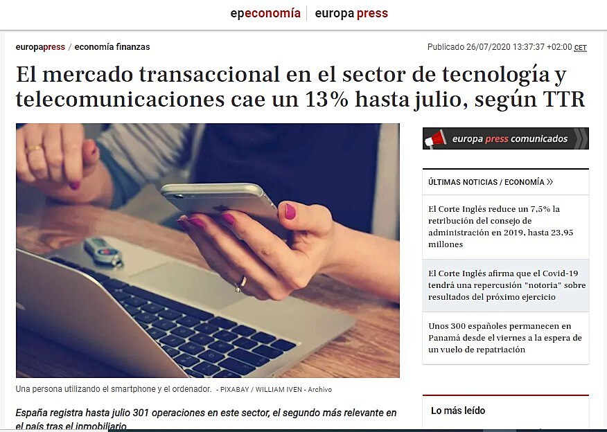 El mercado transaccional en el sector de tecnologa y telecomunicaciones cae un 13% hasta julio, segn TTR